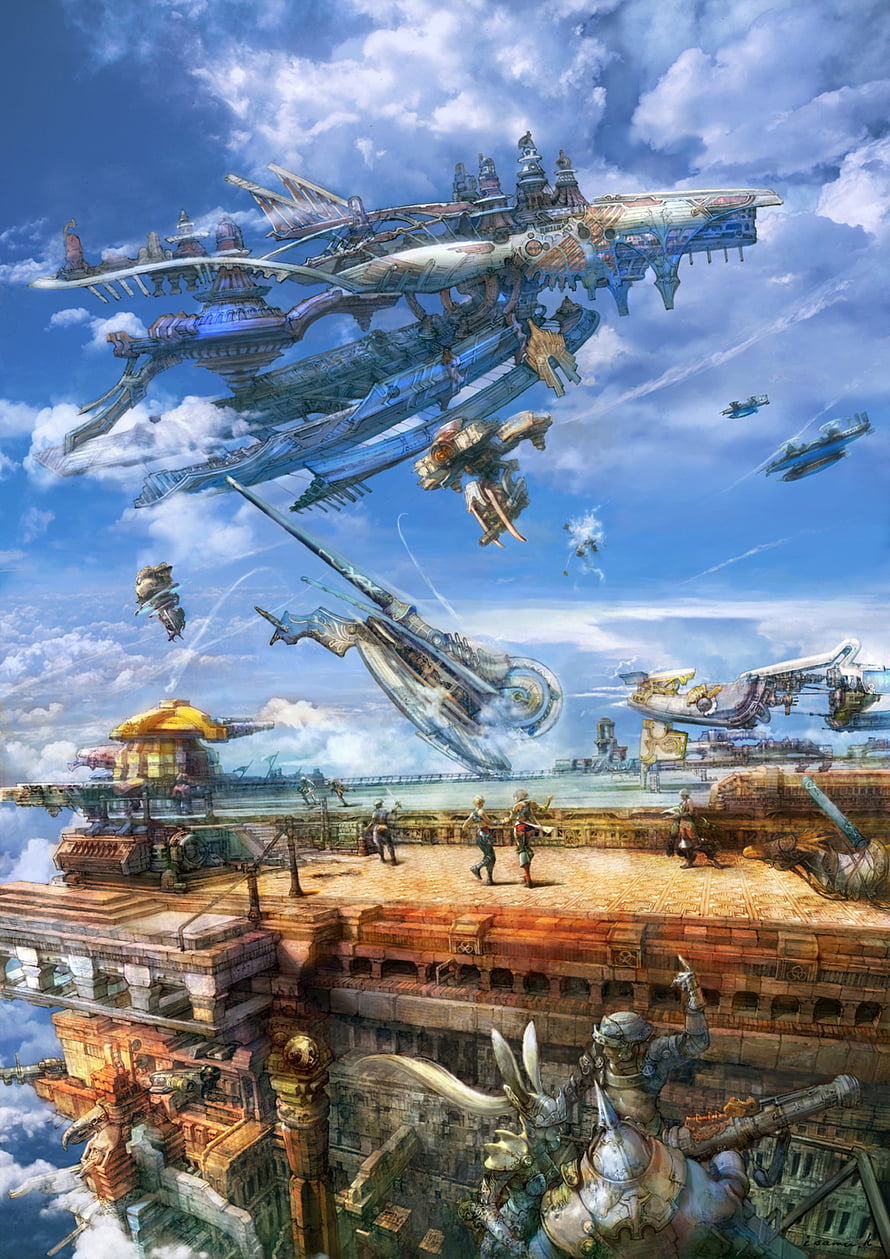 Final Fantasy XII Concept Art: Floating Airships and Characters on a Sky Fortress HD phone wallpaper