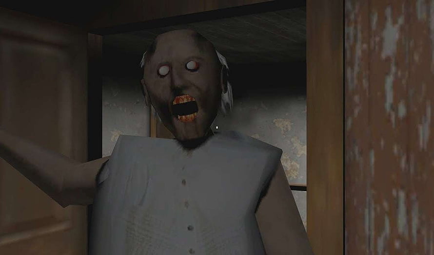 Granny Horror Game Character in Dark Room with Glowing Eyes and Open Mouth HD wallpaper