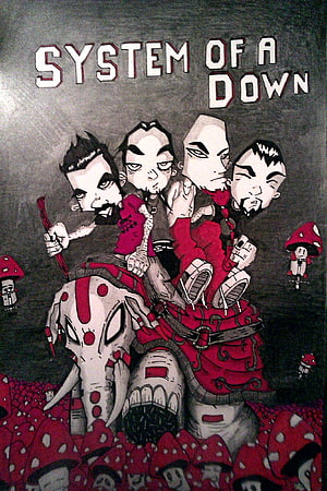 System of a Down cartoon illustration of four band members riding a stylized creature through a red mushroom field HD phone wallpaper