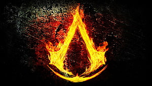 Assassin's Creed Burning Flame Emblem on Dark Grunge Background HD wallpaper