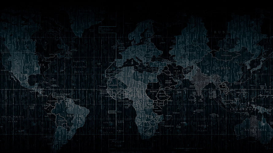 Dark Digital World Map with Matrix Code Overlay and Cybersecurity Theme HD wallpaper
