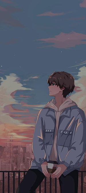Anime Boy Holding Coffee Cup on Rooftop at Sunset with City Skyline HD phone wallpaper