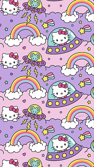 Hello Kitty Space Theme Pattern with Rainbows, Clouds, and UFOs on Pastel Purple Background HD phone wallpaper