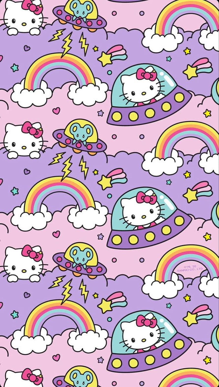 Hello Kitty Space Theme Pattern with Rainbows, Clouds, and UFOs on Pastel Purple Background HD phone wallpaper