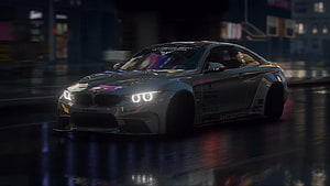 BMW M4 Coupe Night Drive on Wet City Streets with Neon Reflections HD wallpaper