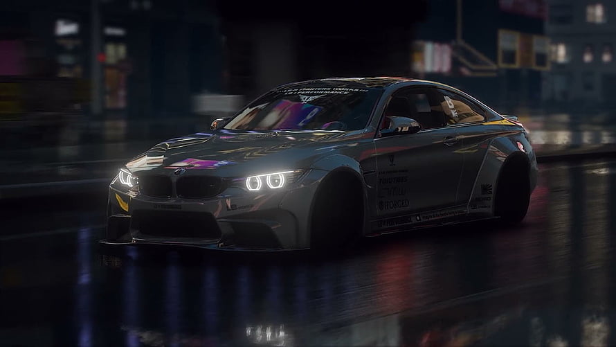 BMW M4 Coupe Night Drive on Wet City Streets with Neon Reflections HD wallpaper