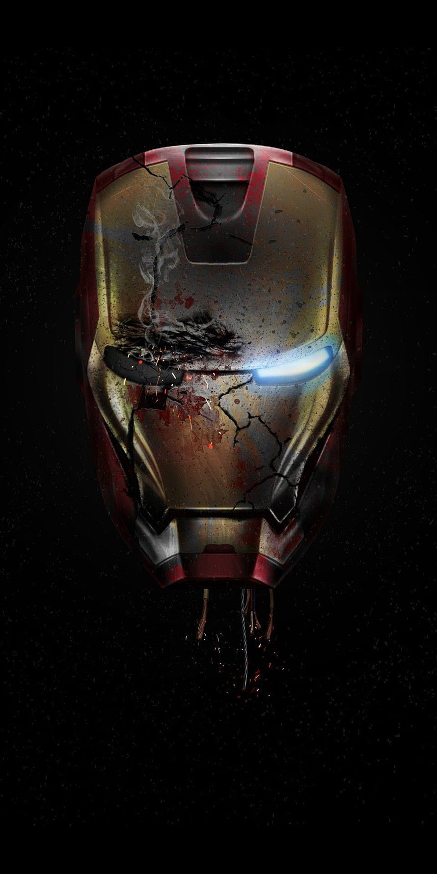 Damaged Iron Man Helmet with Cracked Armor and Glowing Eye on Black Background HD phone wallpaper