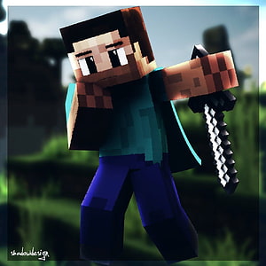 Minecraft Steve Character Holding Diamond Sword in Blocky 3D Render HD phone wallpaper