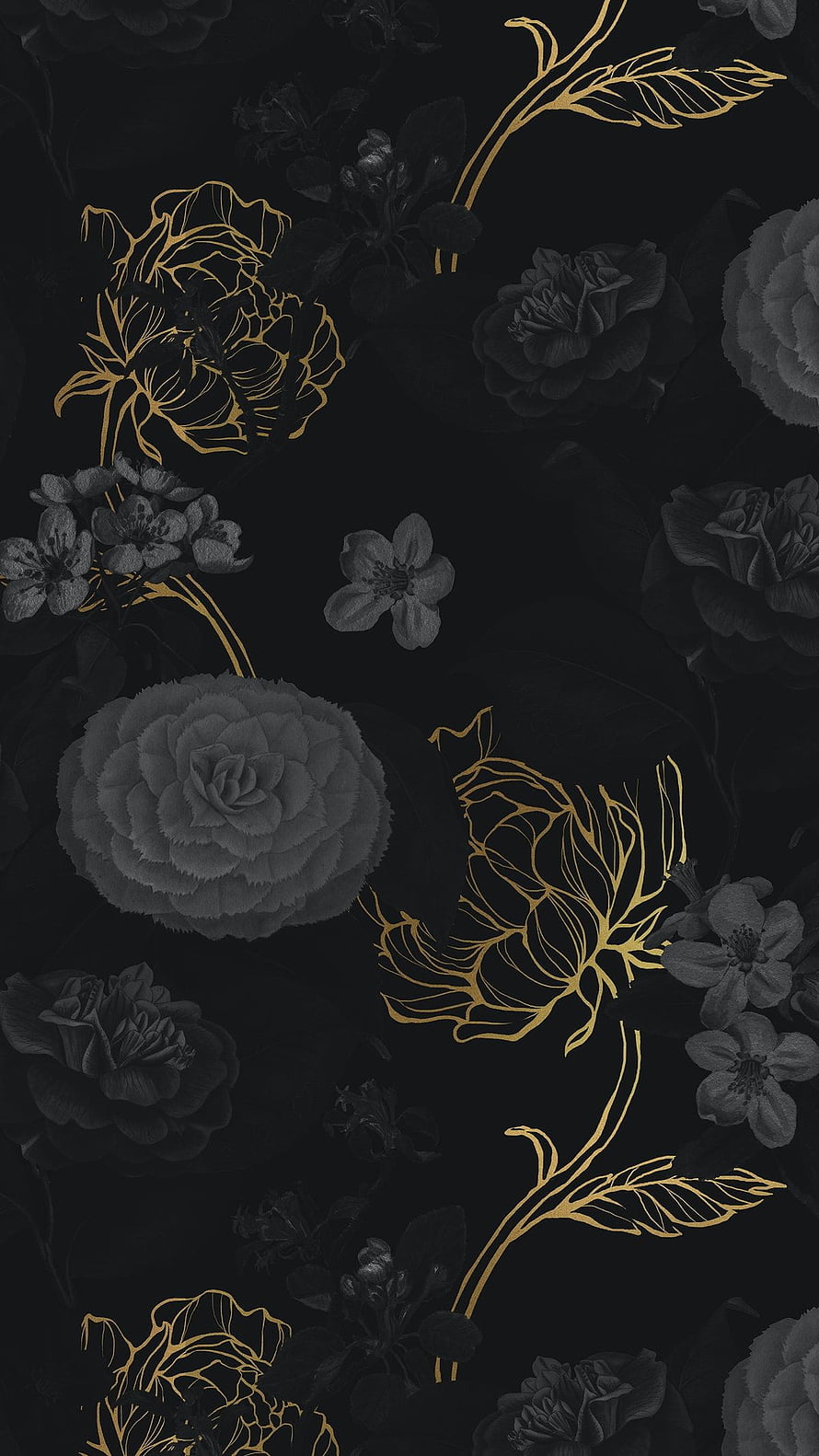 Elegant Black and Gold Floral Pattern with Hand-Drawn Botanical Illustrations HD phone wallpaper
