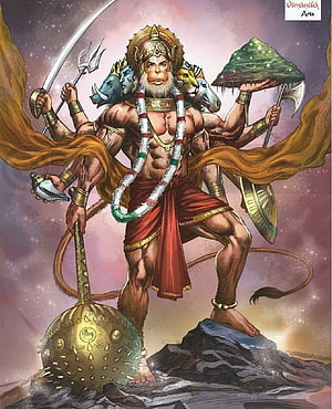 Hanuman Multi-Armed Warrior Illustration with Cosmic Background and Mythological Weapons, Hanuman, Cartoon Hanuman HD phone wallpaper