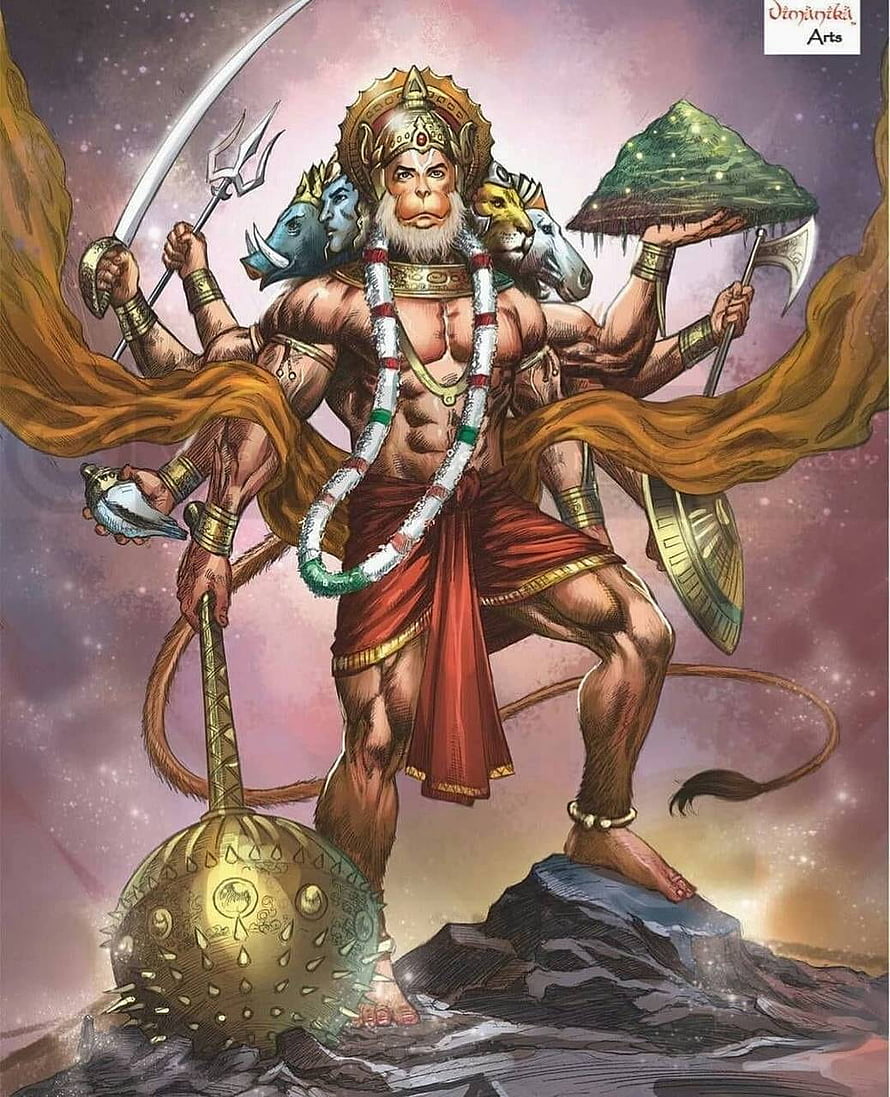 Hanuman Multi-Armed Warrior Illustration with Cosmic Background and Mythological Weapons, Hanuman, Cartoon Hanuman HD phone wallpaper