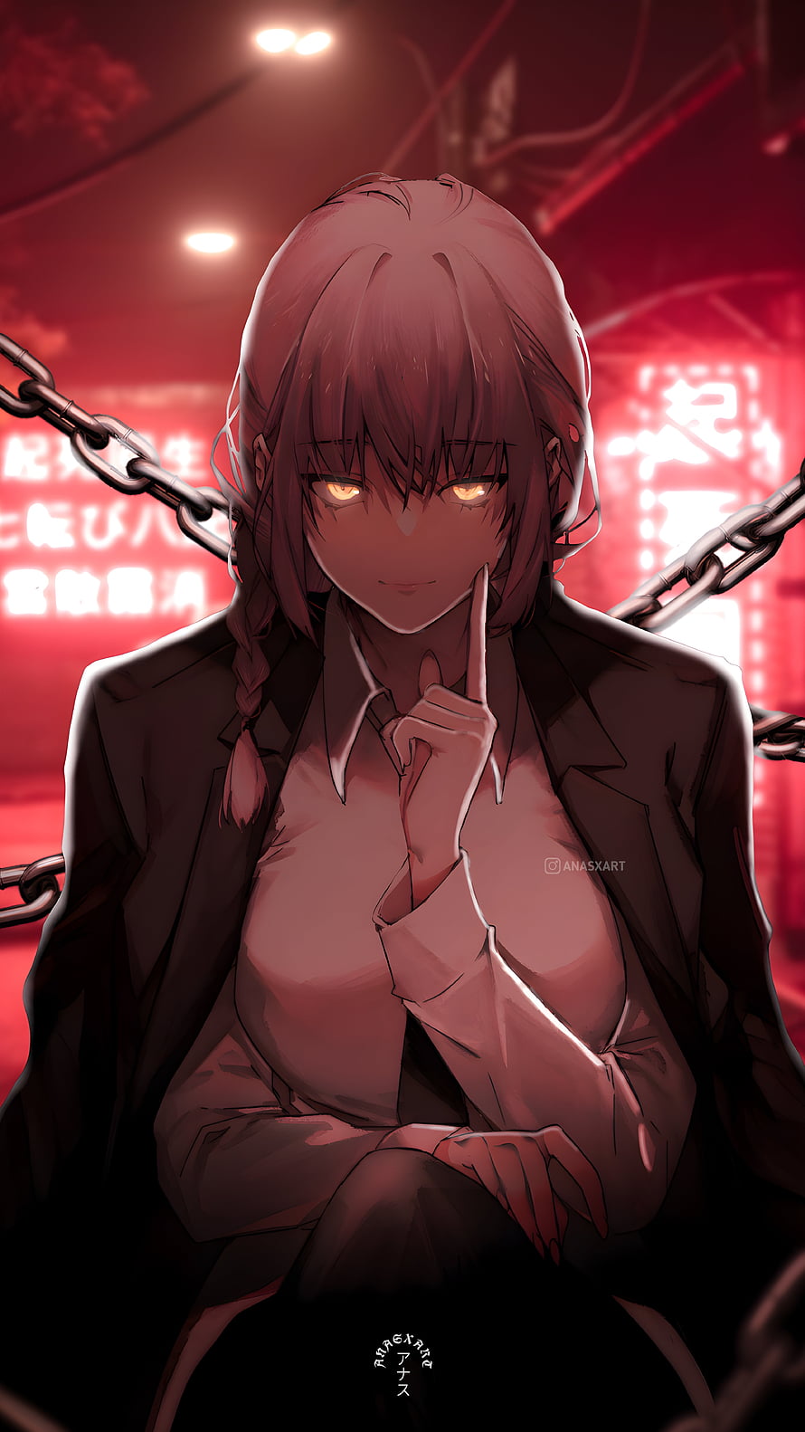 Makima from Chainsaw Man in a dark red urban setting with chains and glowing eyes HD phone wallpaper