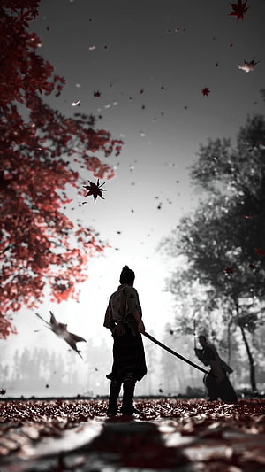 Ghost of Tsushima Samurai Standing in Autumn Leaves with Katana HD phone wallpaper