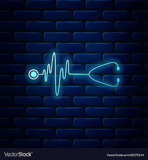 Glowing Neon Stethoscope and Heartbeat Pulse Line on Dark Blue Brick Wall Medical Concept HD phone wallpaper