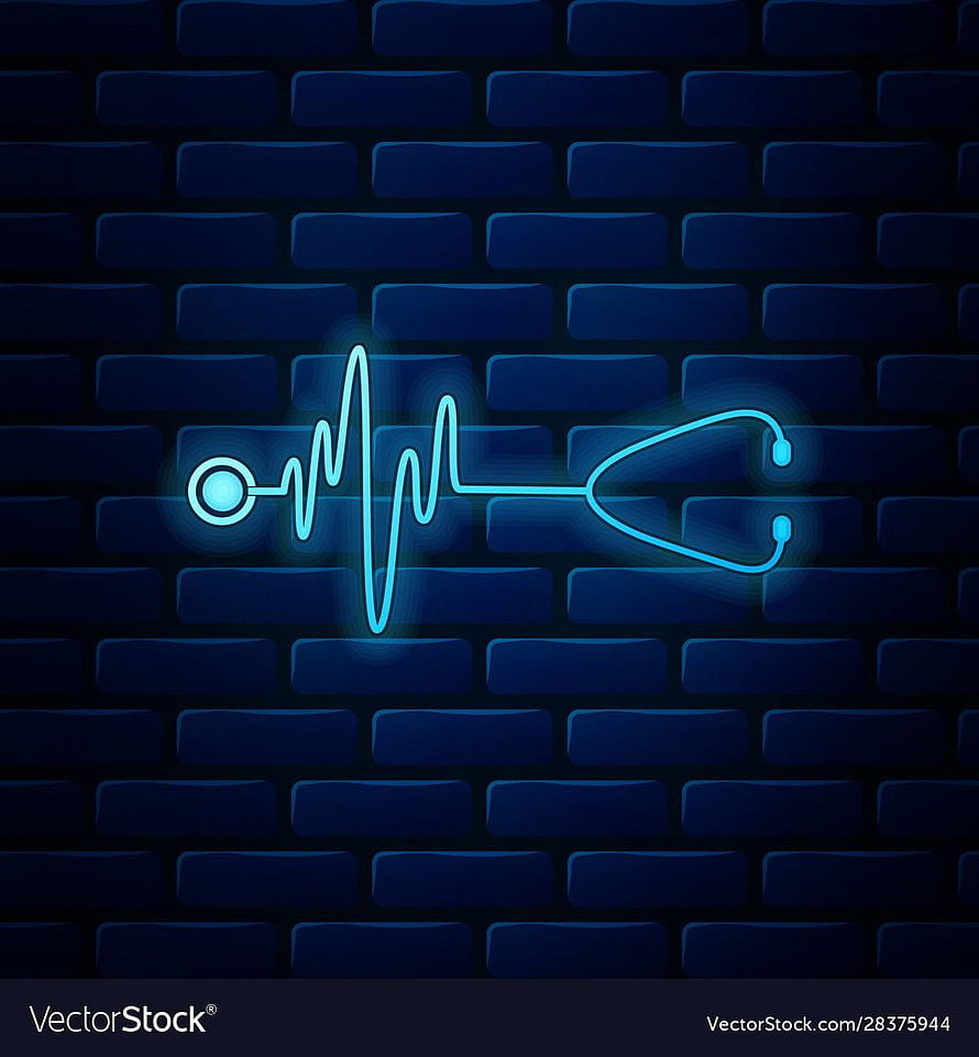 Glowing Neon Stethoscope and Heartbeat Pulse Line on Dark Blue Brick Wall Medical Concept HD phone wallpaper
