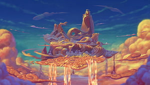 Disney Hercules Floating Sky Island Concept Art with Waterfalls and Golden Clouds HD wallpaper