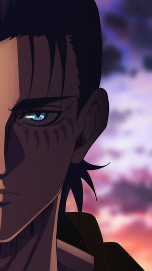 Eren Yeager Close-Up Portrait With Intense Blue Eye And Dramatic Twilight Sky HD phone wallpaper