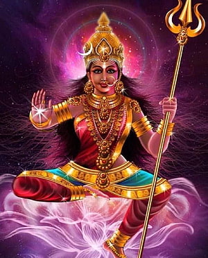 Goddess Durga in Meditative Lotus Pose Holding Trishula with Cosmic Halo HD phone wallpaper