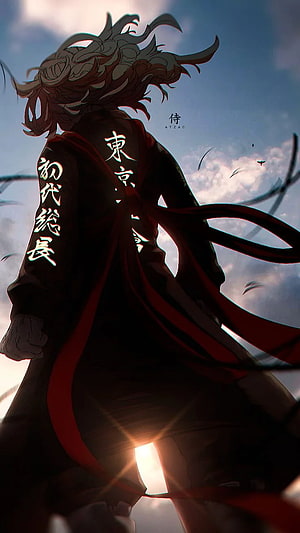 Mikey from Tokyo Revengers in a dramatic backlit anime illustration with flowing red sash HD phone wallpaper