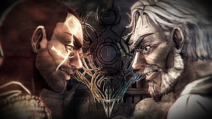 Dark Fantasy Illustration of Two Men in Confrontation with Mystical Symbol HD wallpaper