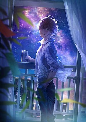 Anime Boy on Balcony Under Starry Night Sky with Beer Can HD phone wallpaper