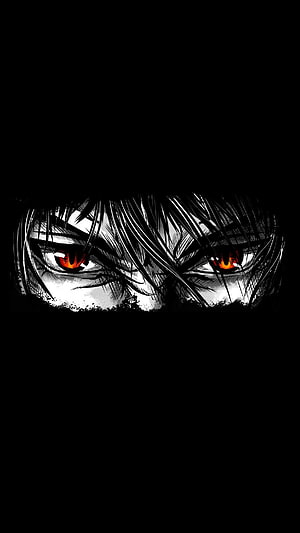 Intense Anime Eyes in Shadow with Fiery Red Irises and Dark Hair HD phone wallpaper