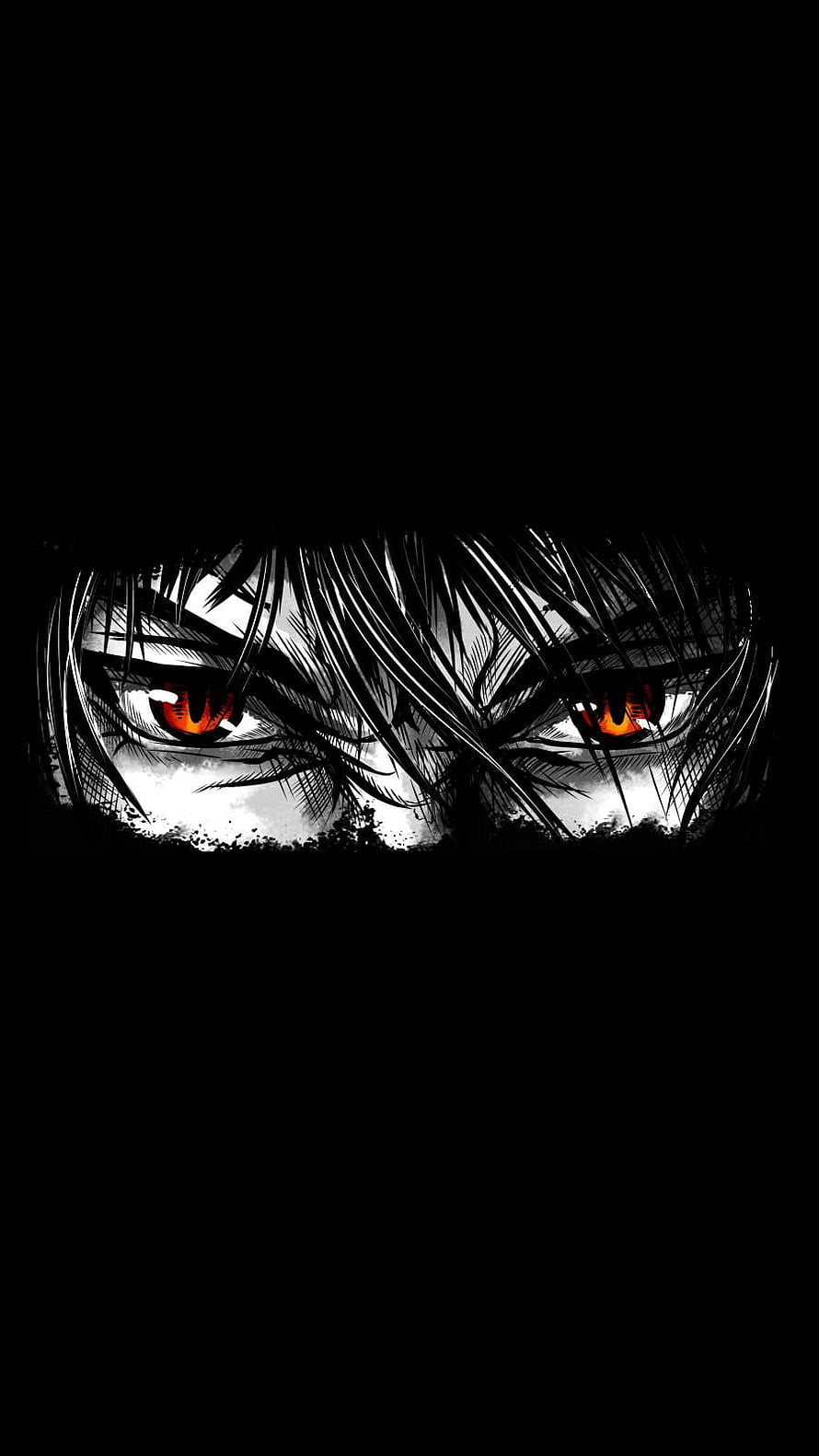 Intense Anime Eyes in Shadow with Fiery Red Irises and Dark Hair HD phone wallpaper