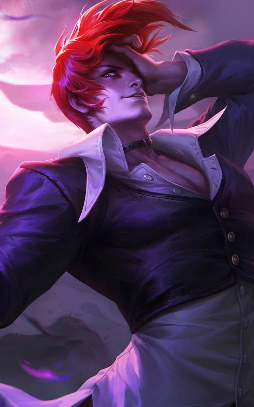 Chou from The King of Fighters in a dramatic red-haired anime portrait with purple lighting HD phone wallpaper