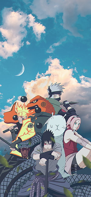 Naruto Team 7 with Tailed Beasts Under a Cloudy Sky with Crescent Moon HD phone wallpaper