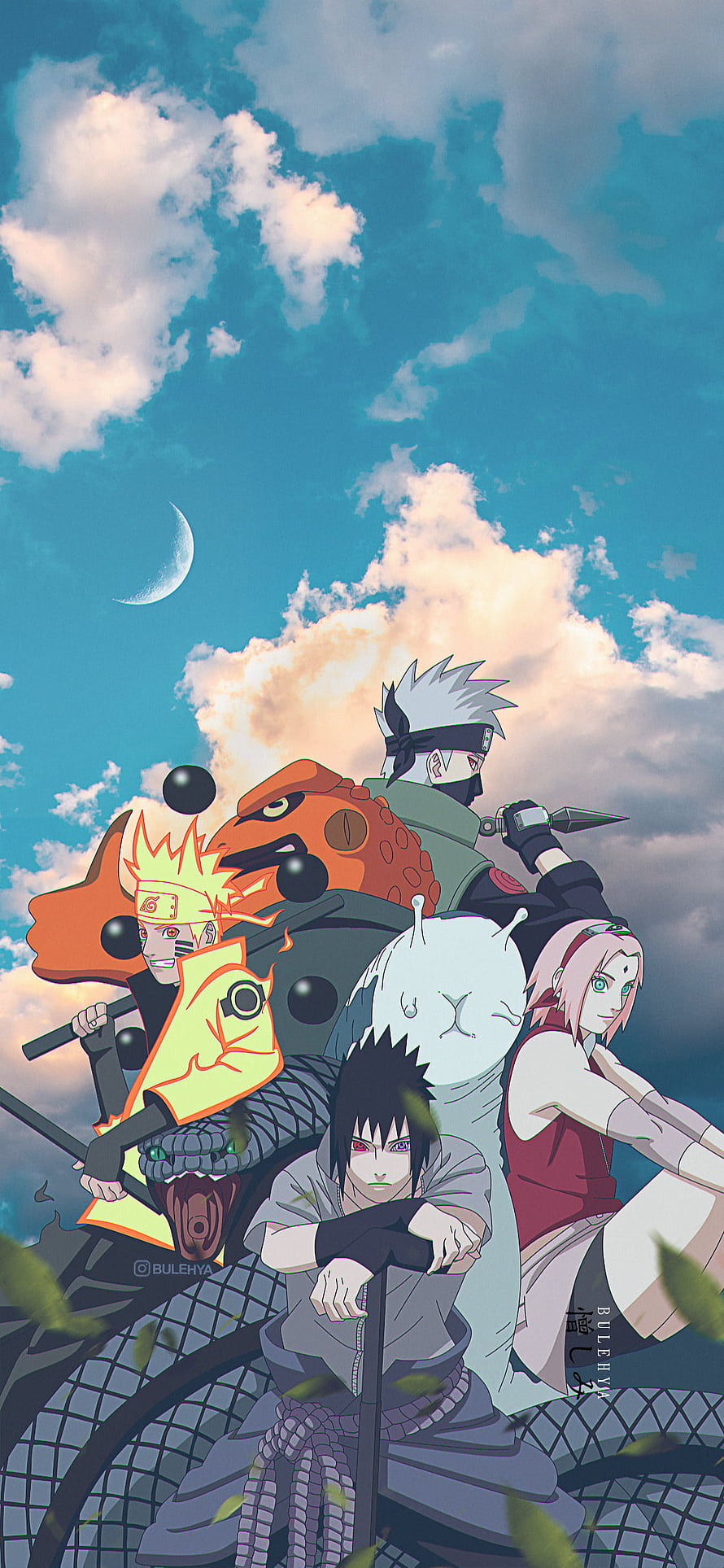 Naruto Team 7 with Tailed Beasts Under a Cloudy Sky with Crescent Moon HD phone wallpaper