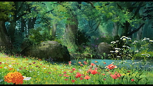 Studio Ghibli Style Enchanted Forest Landscape With Wildflowers And Sunlit Stream HD wallpaper