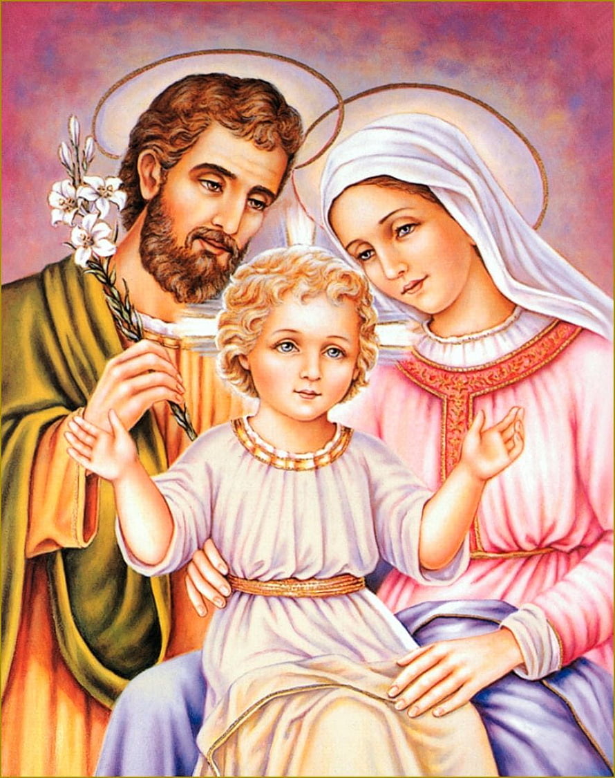 Holy Family Religious Painting Featuring Saint Joseph, Mary, and the Child Jesus HD phone wallpaper