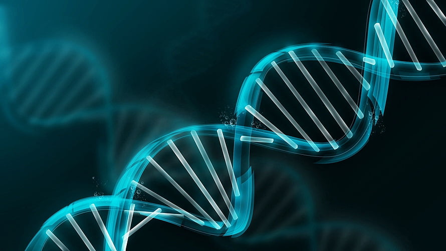 Glowing Cyan DNA Double Helix on Dark Background with Abstract Spiral Structure HD wallpaper