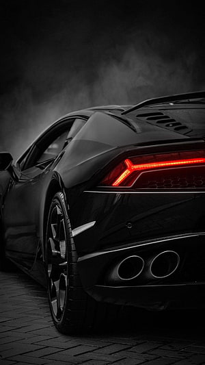 Black Lamborghini Aventador Rear View with Glowing Red Taillights and Dual Exhausts in Dark Moody Setting HD phone wallpaper