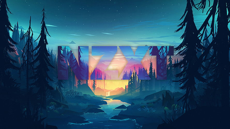NZXT Stylized Forest Landscape with River and Mountain Silhouettes at Dusk HD wallpaper