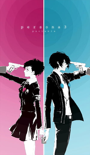 Persona 3 Portable Anime Artwork Featuring Two Characters Holding Guns Against Split Pink and Blue Background HD phone wallpaper