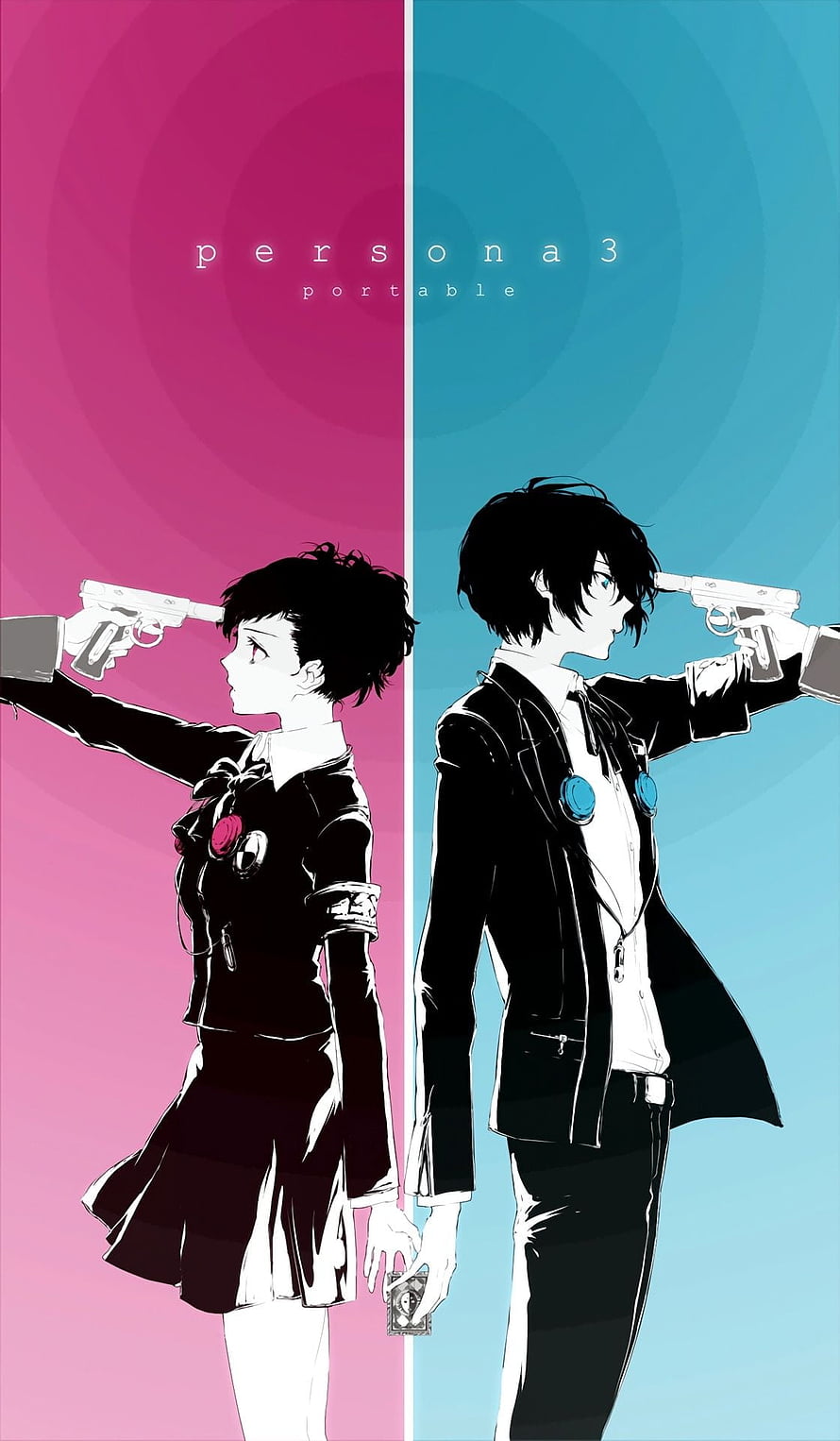 Persona 3 Portable Anime Artwork Featuring Two Characters Holding Guns Against Split Pink and Blue Background HD phone wallpaper