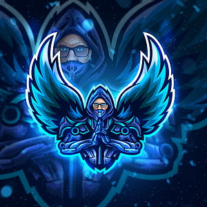 Blue Esports Gaming Logo with Hooded Figure and Glowing Wings HD phone wallpaper