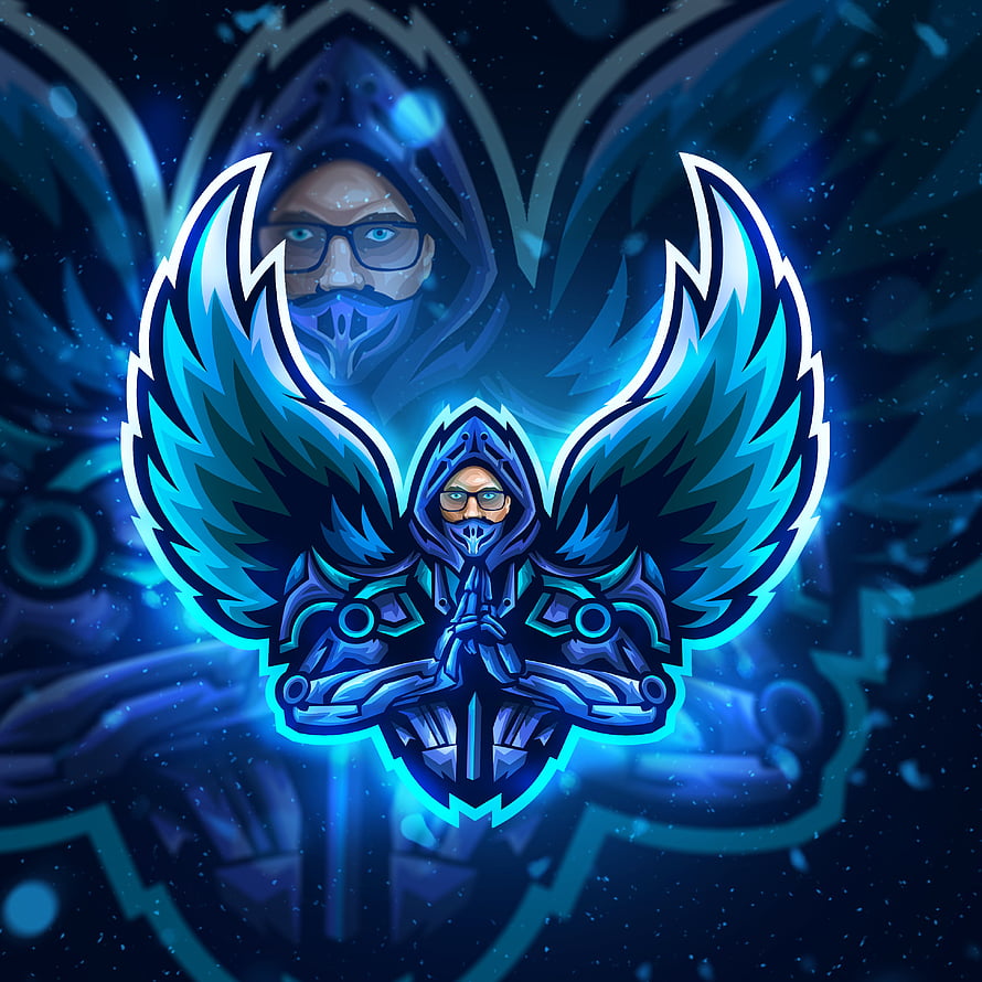 Blue Esports Gaming Logo with Hooded Figure and Glowing Wings HD phone wallpaper