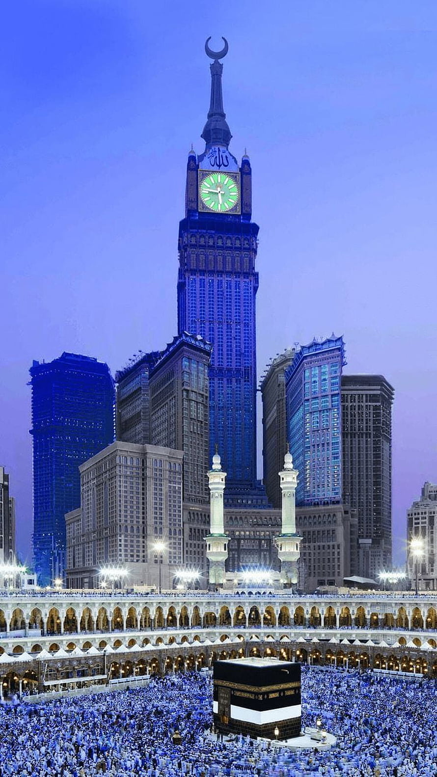 Makkah Al Mukarramah skyline with Kaaba and Makkah Clock Tower at dusk HD phone wallpaper