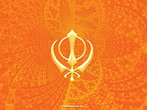 Golden Khanda Emblem on Vibrant Orange Mandala Pattern Background HD wallpaper