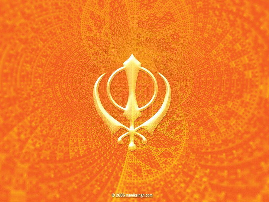 Golden Khanda Emblem on Vibrant Orange Mandala Pattern Background HD wallpaper