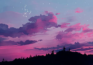 Dreamy Purple and Pink Sky with Constellation and Silhouetted Landscape HD wallpaper