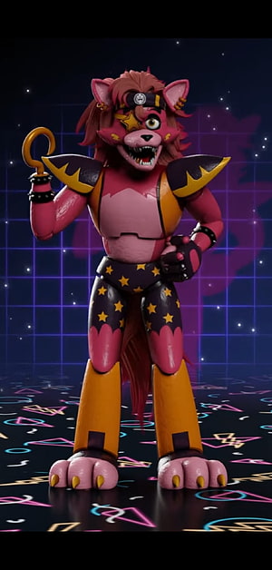 Glamrock Foxy FNAF Character Render with Neon Grid Background and Star Pattern Costume HD phone wallpaper