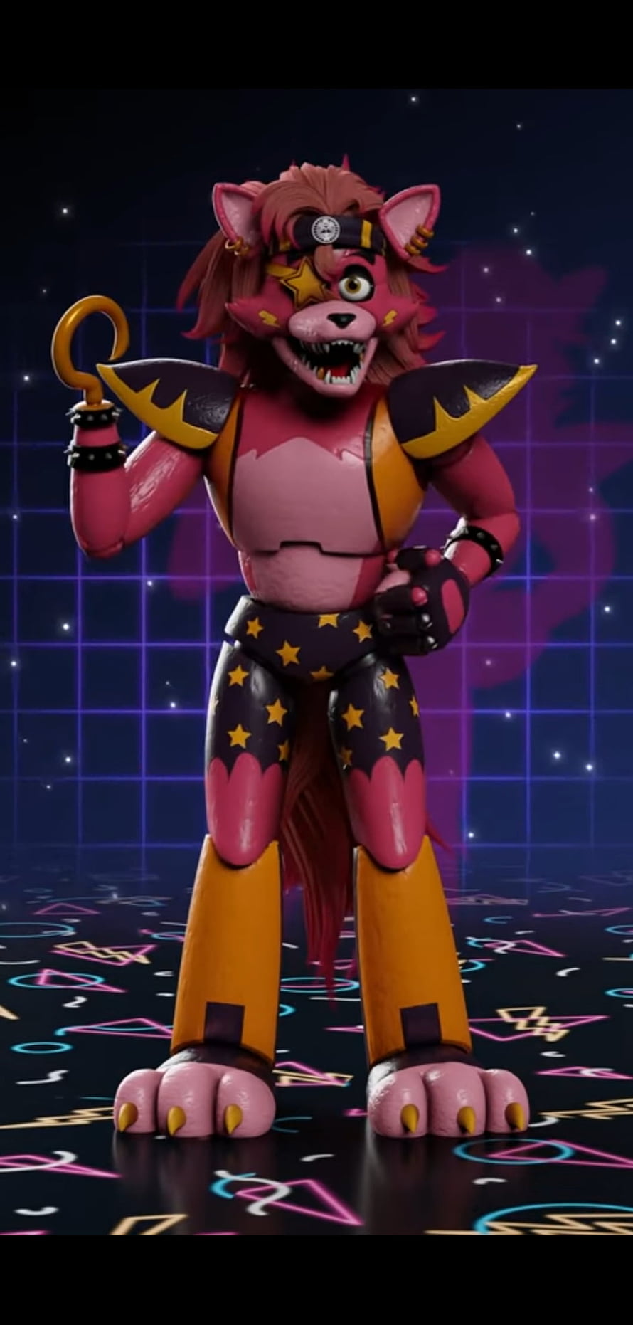 Glamrock Foxy FNAF Character Render with Neon Grid Background and Star Pattern Costume HD phone wallpaper