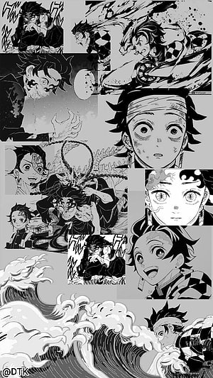 Demon Slayer Tanjiro Kamado Black and White Manga Panel Collection HD phone wallpaper