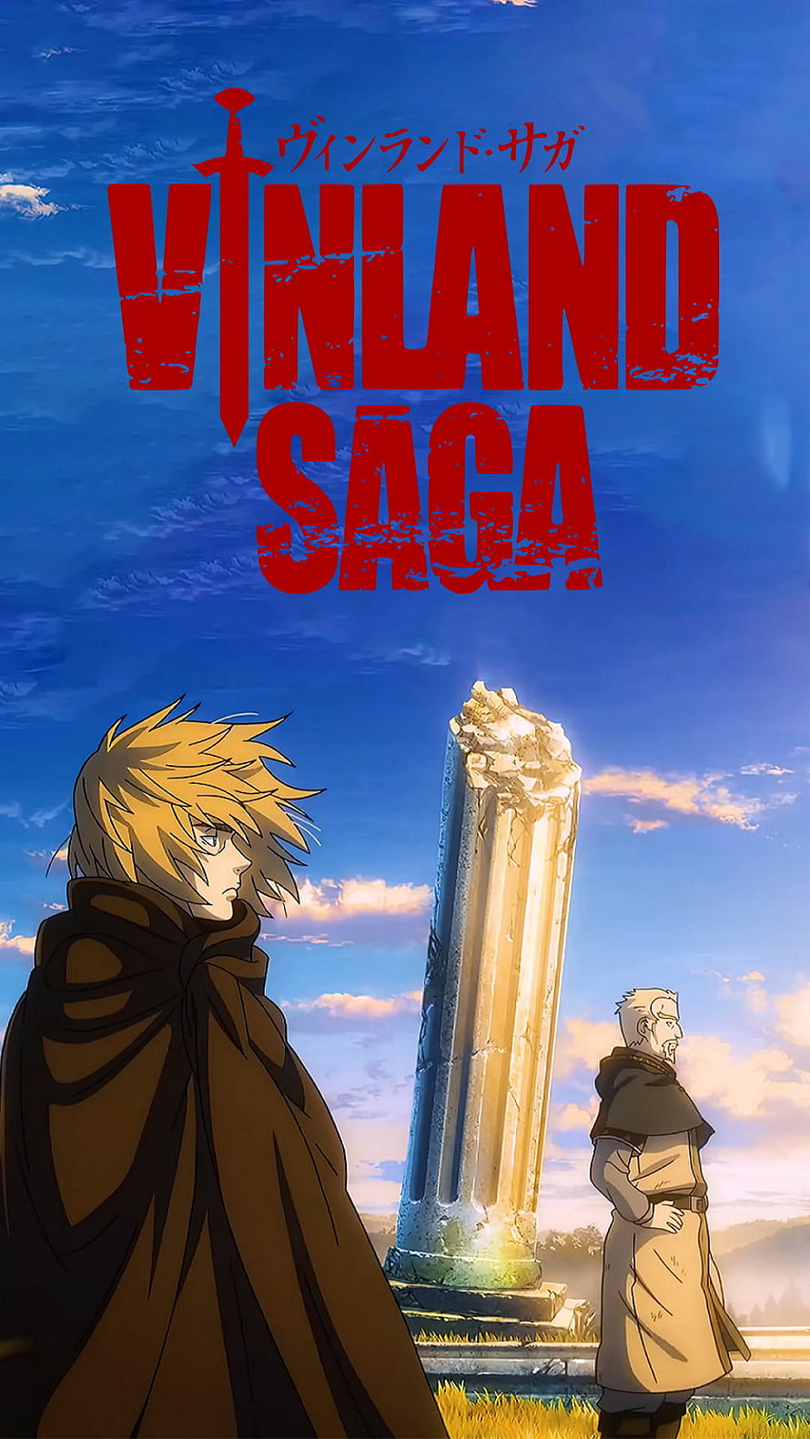 Vinland Saga Anime Poster Featuring Thorfinn and Askeladd Standing Before a Monument HD phone wallpaper