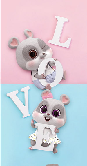 Cute 3D cartoon mouse couple holding LOVE letters on pastel pink and blue background HD phone wallpaper