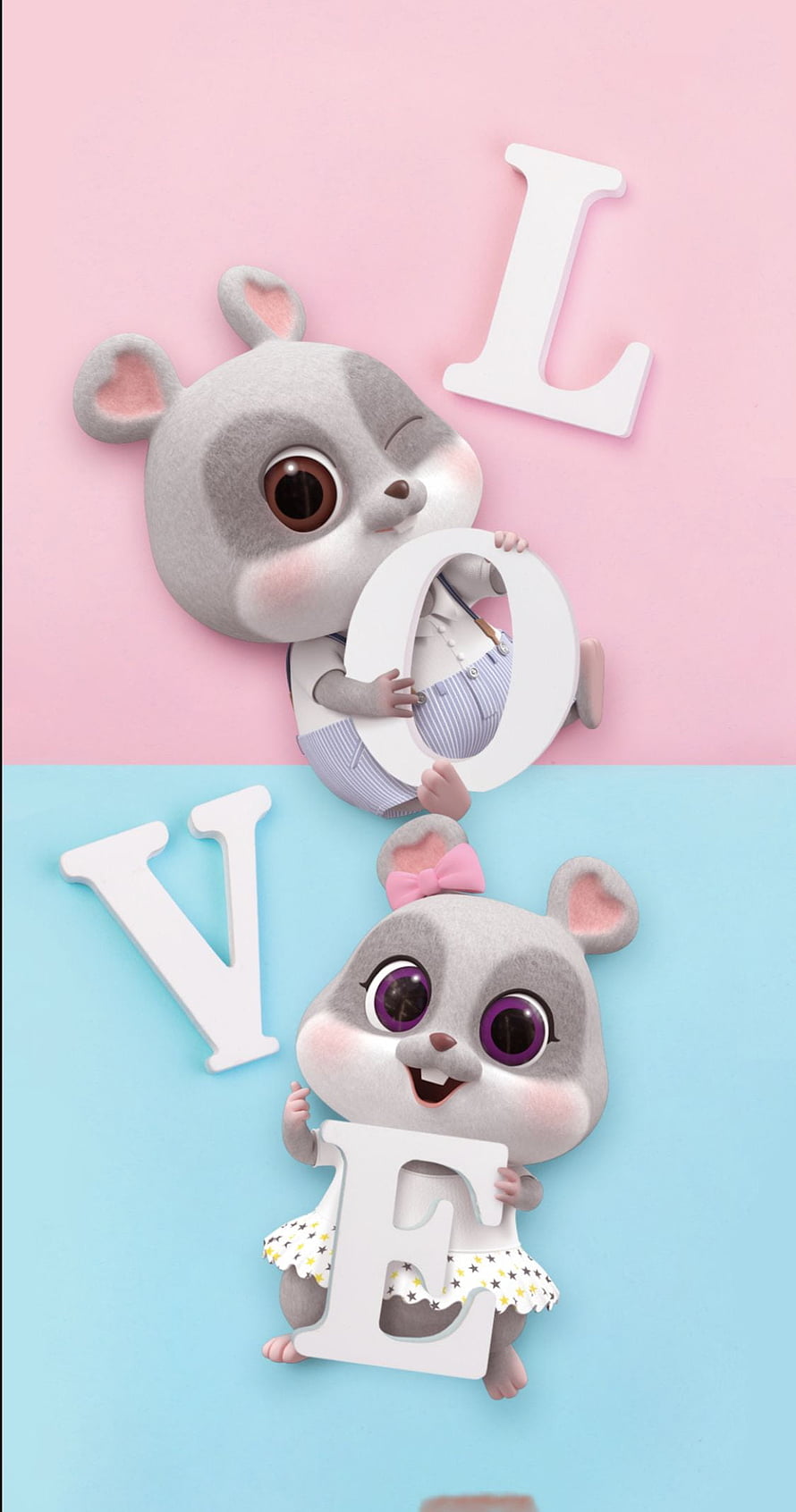 Cute 3D cartoon mouse couple holding LOVE letters on pastel pink and blue background HD phone wallpaper
