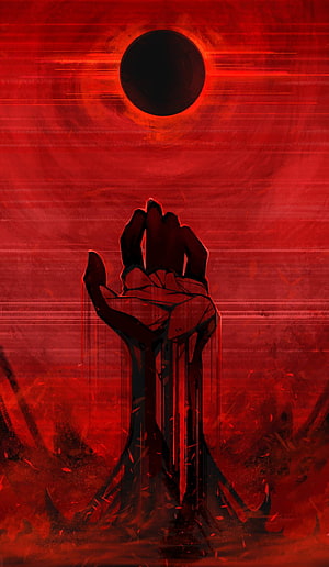 Berserk God Hand Artwork with Dark Eclipse and Crimson Sky HD phone wallpaper
